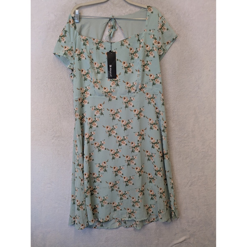 NEW Allegra K Floral Dress Women's XL Sage Green Square Neck Tie Back Smocked